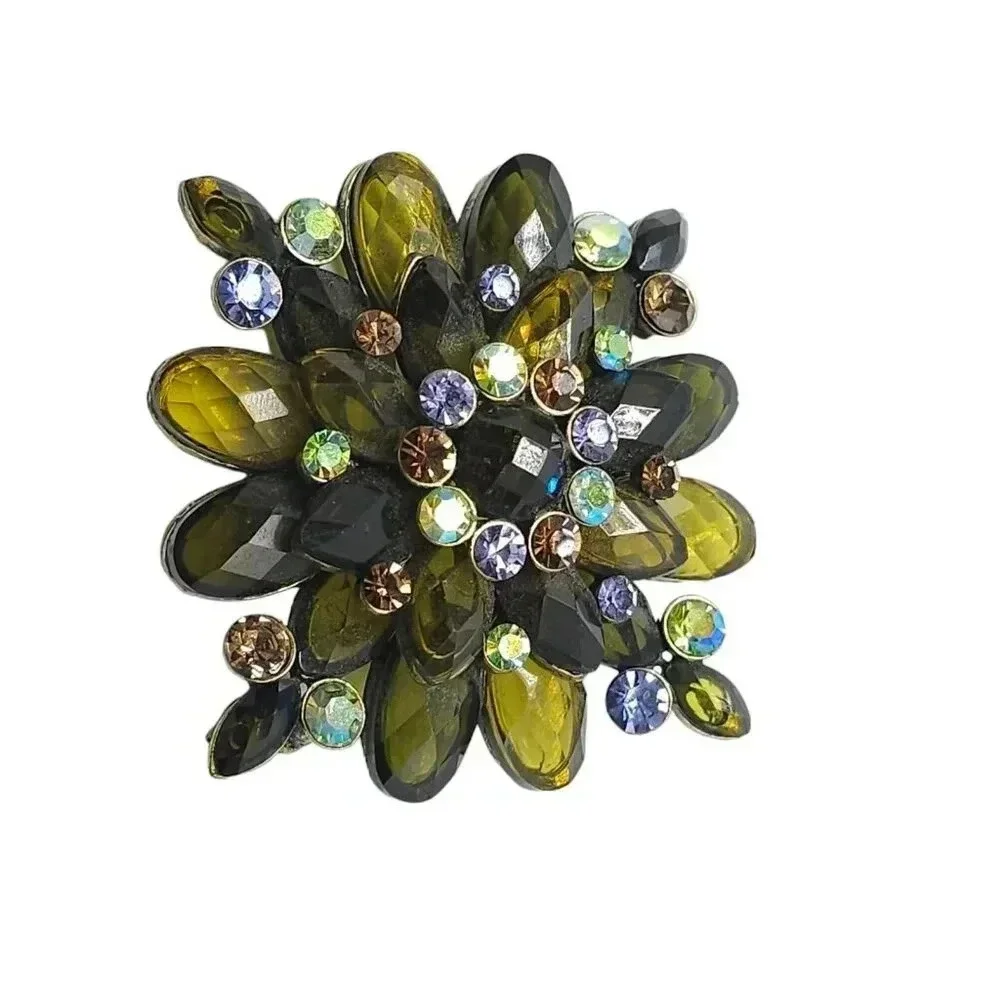 Green Aurora Borealis Prystal Brooch Pin Gold Tone Vintage FOR REPAIR